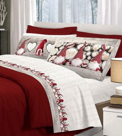 İtalya'da Flanel Nevresim Set% 100 Sıcak Pamuk Yapımı | Gömme Sac 160 x 300 cm + Gömme Sac 90 x 200 cm + Kapak Yastık 50 x 80 cm | Gnome Baskı [Kırmızı, 1P]