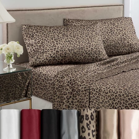 Elegance Seduction 1S51594 Saten İpeksi Derin Cep Kolay Bakım Makinede Yıkanabilir 1 Lastikli Çarşaf 1 Düz Çarşaf ve 2 Yastık Kılıfı King Boy 4 Parça Leopar Hayvan Baskılı Çarşaf Seti, Kral