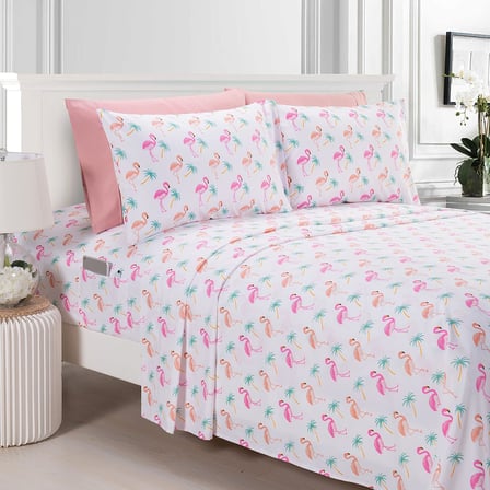 Ultra Yumuşak Çift Fırçalı 6 Parça Mikrofiber Çarşaf Seti Güzel Tropikal Desenler ve Canlı Düz Renkler, Lüks, Dört Mevsim Yatak Çarşafı Seti - Flamingo, Queen