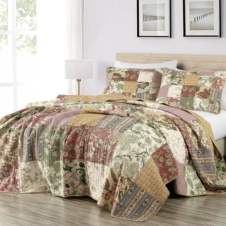 Delaney 2 Parça Çiçekli Yama İşi Vintage Yıkanmış%100 Pamuk Yorgan Seti, İkiz