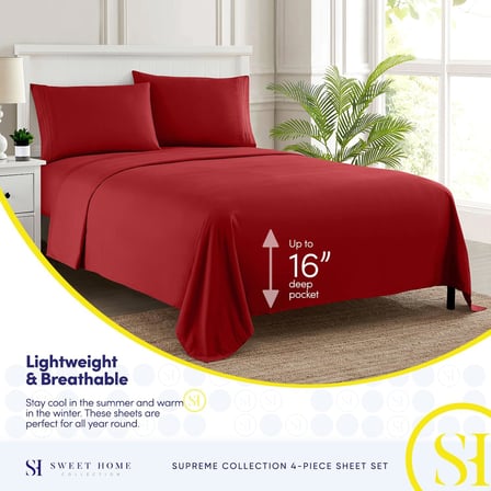 Nevresim takımı, iplik sayısı 1800, yumuşak Mısır kalitesi, fırçalanmış mikrofiber, çarşaflı lüks nevresim takımı, lastikli çarşaf, 2 yastık kılıfı, büyük boy yatak, kırmızı