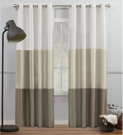 Curtains Chateau Çizgili Suni İpek Halkalı Üst Perde Panel Çifti, 54x84, Beyaz/Kum