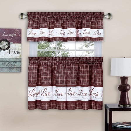 Home Furnishings Live, Love, Laugh - Baskılı Kat & Kısa Perde Seti - 58x36 - Bordo