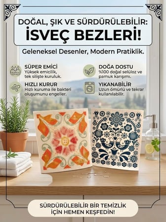 İsveç Bezi, Renkli Desenli, Sürdürülebilir, Tekrar Kullanılabilir, Makinede Yıkanabilir, 2'li Paket