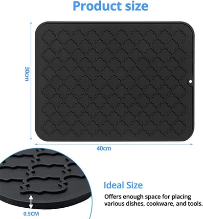 Silikon bulaşık kurutma matı, Kaymaz ve Kolay Temizlenebilir Silikon Mat, Isıya Dayanıklı, Bulaşıklar ve Tezgah Üstü İçin, Buzdolabı Çekmece Astarı (Gri 40x30cm)