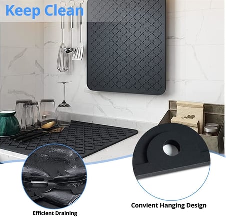 Silikon bulaşık kurutma matı, Kaymaz ve Kolay Temizlenebilir Silikon Mat, Isıya Dayanıklı, Bulaşıklar ve Tezgah Üstü İçin, Buzdolabı Çekmece Astarı (Gri 40x30cm)