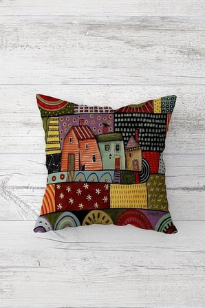 Pelangi Yaz Evi Desenli Patchwork Masa Değişik Ranır Modelleri Dekoratif 4'lü Kırlent Kılıfı Runner Seti, Kiremit 45 x 45