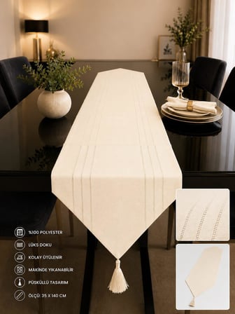 Runner leke tutmaz dertsiz kumaş dekoratif çeyiz krem35 x 140 cm