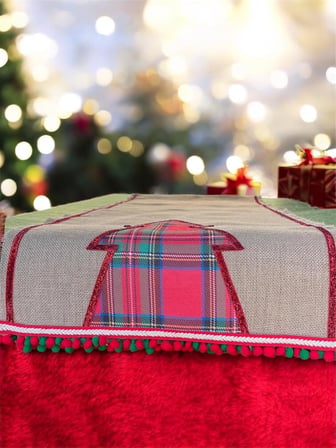 Noel Temalı Gri Keten Masa Örtüsü, Ekose Çam Ağacı Desenli, Ponponlu Kenar Süslemeli, Dekoratif Yemek Masası Örtüsü (kırmızı, 150 cm)