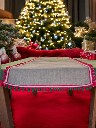 Noel Temalı Gri Keten Masa Örtüsü, Ekose Çam Ağacı Desenli, Ponponlu Kenar Süslemeli, Dekoratif Yemek Masası Örtüsü (kırmızı, 150 cm)