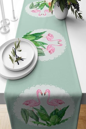 Pelangi Beyaz Filamingo Yaprak Desen Leke Tutmaz Kumaş Salon Mutfak Masa Değişik Ranır Modelleri Runner, Yeşil-Pembe 40 x 140