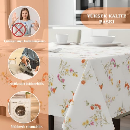 Baskılı Yıkanabilir 140 x 140 cm Masa Örtüsü Mutfak Bahçe Piknik Masa Örtüsü I Kırmızı Ağırlıklı Çiçek Desenli