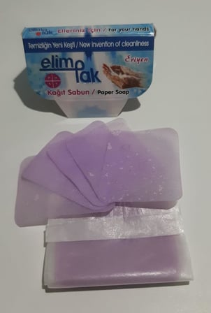 Eriyen Kağıt Sabun 5'li Paket - 50 Adet Tek Kullanımlık Eriyen Sabun Yaprağı - Ortak Kullanım Alanlarında ve Dış Mekanlarda Kişisel Hijyen Sağlar - Yerli Üretim