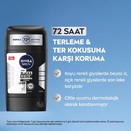 MEN Erkek Stick Deodorant Black&white Invisible Original 50ml 72 Saat Anti-perspirant Ter Koruması