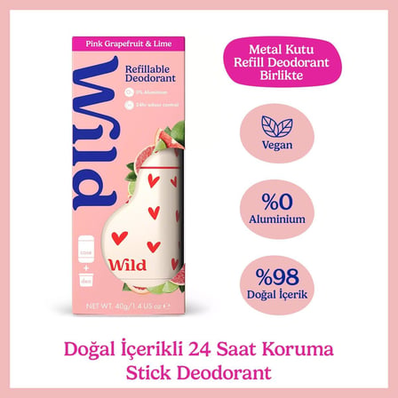 %98 Natural Stick Deodorant Kutu ve Refill Paketi Love Heart Case ve Pink Grapefruit & Lime 40 g.