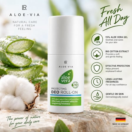 ALOE VIA Alkolsüz Deo Roll-On, %15 Aloe Vera Jel ve Organik Pamuk Ekstreli, Hassas Ciltler İçin, 50 ml