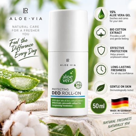 ALOE VIA Alkolsüz Deo Roll-On, %15 Aloe Vera Jel ve Organik Pamuk Ekstreli, Hassas Ciltler İçin, 50 ml
