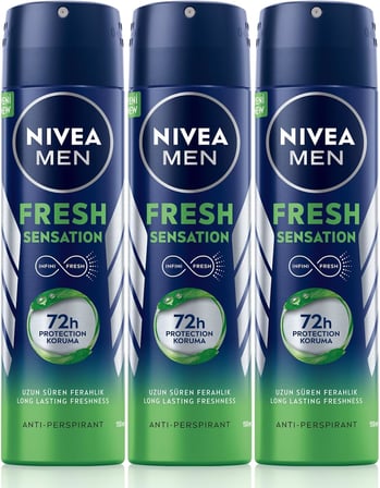 MEN Erkek Sprey Deodorant Fresh Sensation 150 Ml X3Adet,Ter ve Ter Kokusuna Karşı72 Saat Anti-perspirant Koruma, Uzun Süren Ferahlık