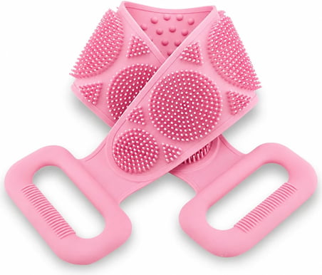 Kyrotech 70 cm Uzun Silikon Banyo ve Sırt Kesesi, Çift Taraflı Masaj Etkili Duş Lifi, Ölü Deri Temizleyici ve Kan Dolaşımı Artırıcı Pembe Sırt Temizleyici, Ergonomik Tutma Kollu Hijyenik Vücut Fırçası