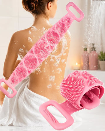 Kyrotech 70 cm Uzun Silikon Banyo ve Sırt Kesesi, Çift Taraflı Masaj Etkili Duş Lifi, Ölü Deri Temizleyici ve Kan Dolaşımı Artırıcı Pembe Sırt Temizleyici, Ergonomik Tutma Kollu Hijyenik Vücut Fırçası