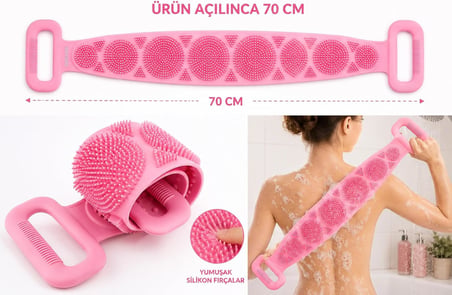Kyrotech 70 cm Uzun Silikon Banyo ve Sırt Kesesi, Çift Taraflı Masaj Etkili Duş Lifi, Ölü Deri Temizleyici ve Kan Dolaşımı Artırıcı Pembe Sırt Temizleyici, Ergonomik Tutma Kollu Hijyenik Vücut Fırçası