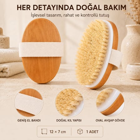 Doğal At Kılı Vücut Fırçası, Kuru Fırçalama ve Masaj İçin El Bantlı Ahşap Bakım Fırçası, 1 Adet