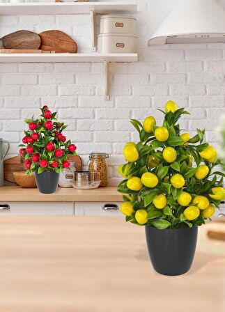 4lü Set Yapay Çiçek Kiraz Nar Limon Ve Mandalina Ağacı Siyah Saksıda 30cm