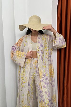 Kadın Desenli Keten Ikili Kimono Takım