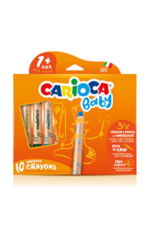 Carioca Baby "3 In 1" Jumbo Ahşap Gövdeli Boya Kalemi 10'lu (kalemtraş Hediyeli)