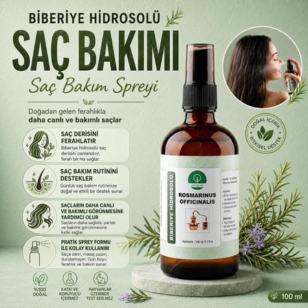 % 100 Doğal Saf Biberiye Hidrosolü (Saç Bakım Suyu) 100 ml