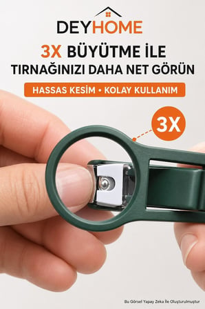 3X Büyüteçli Paslanmaz Çelik Tırnak Makası, Törpülü ve Sıçrama Önleyici, Rahat Tutuşlu Yeşil