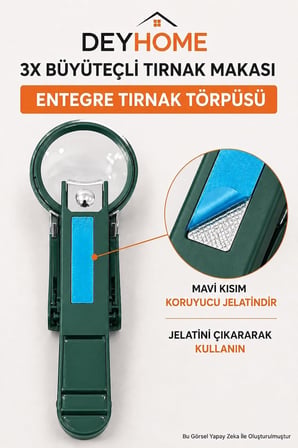 3X Büyüteçli Paslanmaz Çelik Tırnak Makası, Törpülü ve Sıçrama Önleyici, Rahat Tutuşlu Yeşil