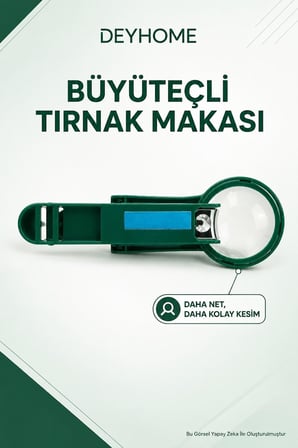 3X Büyüteçli Paslanmaz Çelik Tırnak Makası, Törpülü ve Sıçrama Önleyici, Rahat Tutuşlu Yeşil