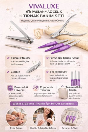 VIVALUXE 6’lı Tırnak Bakım Seti, Manikür ve Pedikür Seti, Tırnak Makası, Pens, Törpü, Cımbız, Paslanmaz Çelik, Ev ve Seyahat İçin Kişisel Bakım Seti