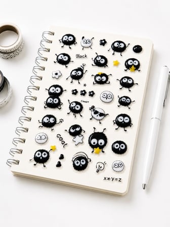Kendinden Yapışkanlı Kabartmalı Sticker Seti – Sevimli Kömür Emoji Karakterli Dekoratif Çıkartma