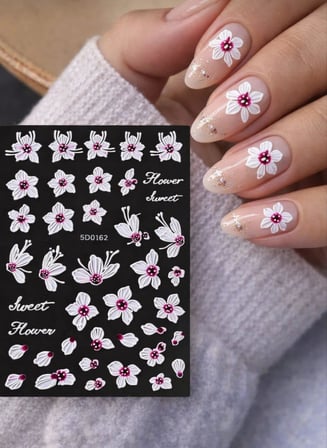 5D Çiçek Desenli Tırnak Sticker, Nail Art Süsleme, Beyaz ve Pembe Renk, Sweet Flower Serisi