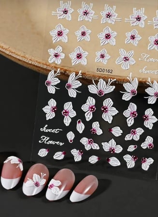 5D Çiçek Desenli Tırnak Sticker, Nail Art Süsleme, Beyaz ve Pembe Renk, Sweet Flower Serisi