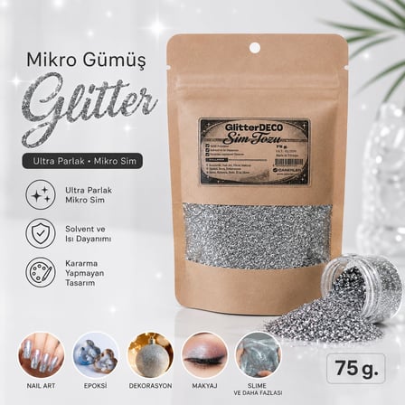 Gümüş Glitter Sim Tozu - Epoxy NailArt Makyaj Mum Kolonya Dekorasyon (ince Taneli)