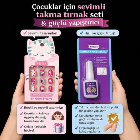 Sevimli Desenli Çocuk Takma Tırnak Seti – Fırçalı Yapıştırıcılı, Kolay Takılan Renkli Tırnaklar, Kız Çocuklarına Özel Eğlenceli Manikür ve Oyun Seti