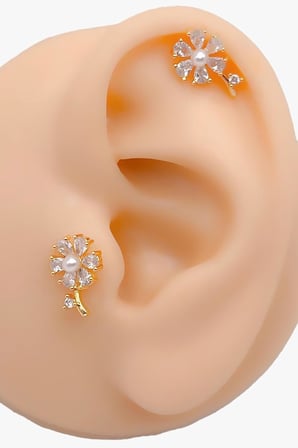 Taşlı İncili Çiçek Figürlü Kıkırdak Helix Tragus Piercing (1adet)