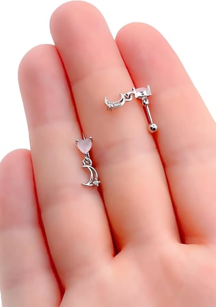Taşlı Kalp Sallantılı Ay Tragus Helix Piercing (1adet