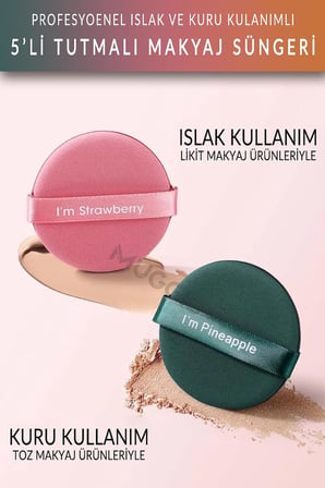 5'li Tutmalı Makyaj Pudra Süngeri, Yuvarlak, Islak ve Kuru Kullanımlı, 5x5 cm, Yeşil Kahve Sarı Pembe