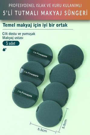 5'li Tutmalı Makyaj Pudra Süngeri, Yuvarlak, Islak ve Kuru Kullanımlı, 5x5 cm, Yeşil Kahve Sarı Pembe