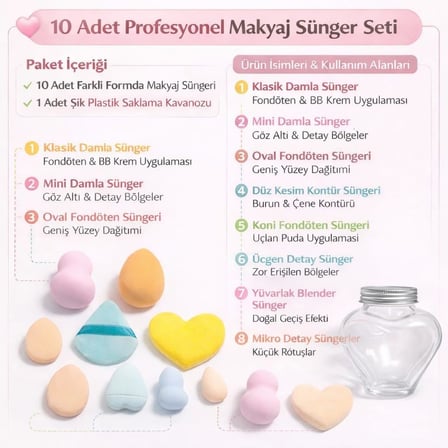 10 Adet Profesyonel Makyaj Süngeri Seti,Fondöten, Kapatıcı, Kontür ve Allık İçin Beauty Blender Süngerleri, Yumuşak, Ultra Emici, Lateks İçermeyen Kozmetik Sünger, Islak ve Kuru Kullanım (Kalp 1 Set)