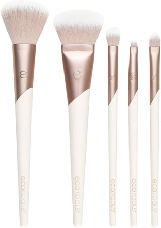 Luxe Natural Elegance Profesyonel Yüz Makyajı ve Fondöten Fırça Seti, Yüz, Yanak ve Göz Makyajı İçin Premium Fırça Seti, Sentetik Makyaj Fırçaları, Vegan ve Zulüm İçermez, 5 Parça Set