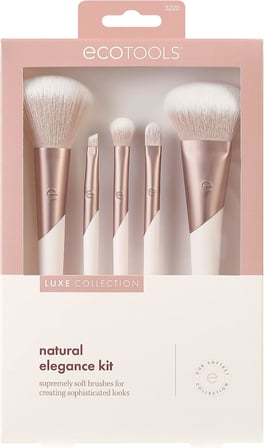 Luxe Natural Elegance Profesyonel Yüz Makyajı ve Fondöten Fırça Seti, Yüz, Yanak ve Göz Makyajı İçin Premium Fırça Seti, Sentetik Makyaj Fırçaları, Vegan ve Zulüm İçermez, 5 Parça Set