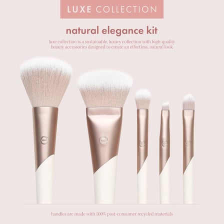 Luxe Natural Elegance Profesyonel Yüz Makyajı ve Fondöten Fırça Seti, Yüz, Yanak ve Göz Makyajı İçin Premium Fırça Seti, Sentetik Makyaj Fırçaları, Vegan ve Zulüm İçermez, 5 Parça Set