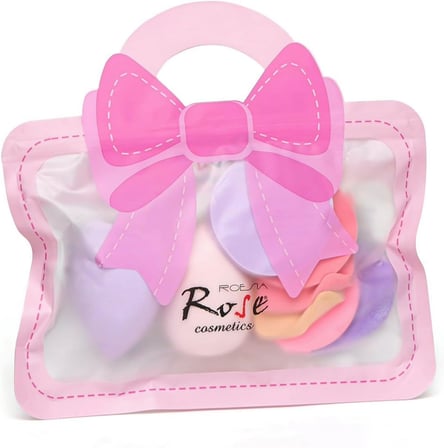 Roesia Rose 8'li Makyaj Süngeri ve Pudra Ponponu Seti - Islak ve Kuru Kullanım İçin Yumuşak Fondöten Süngerleri, Kapatıcı ve Makyaj Temizleme Pedleri - Özel Kurdele Tasarımlı Çantalı Set