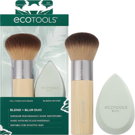 Blend + Blur Makyaj Fırçası ve Sünger Duo, Makyaj Blender Sünger ve Fondöten Fırçası, Sıvı ve Krem Makyaj, Bulut Cildi, Çevre Dostu, Lateks İçermez, Zulüm İçermez, & Vegan, 2 Adet