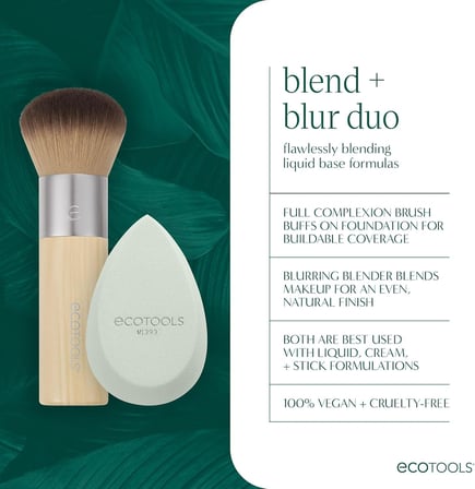 Blend + Blur Makyaj Fırçası ve Sünger Duo, Makyaj Blender Sünger ve Fondöten Fırçası, Sıvı ve Krem Makyaj, Bulut Cildi, Çevre Dostu, Lateks İçermez, Zulüm İçermez, & Vegan, 2 Adet